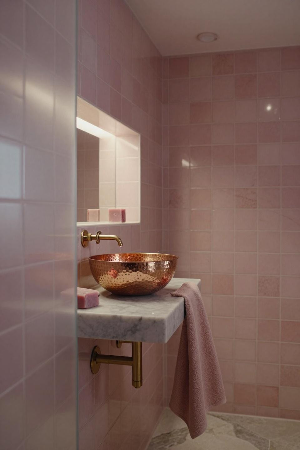 Pink bathroom with hammered copper bowl and zellige tiles