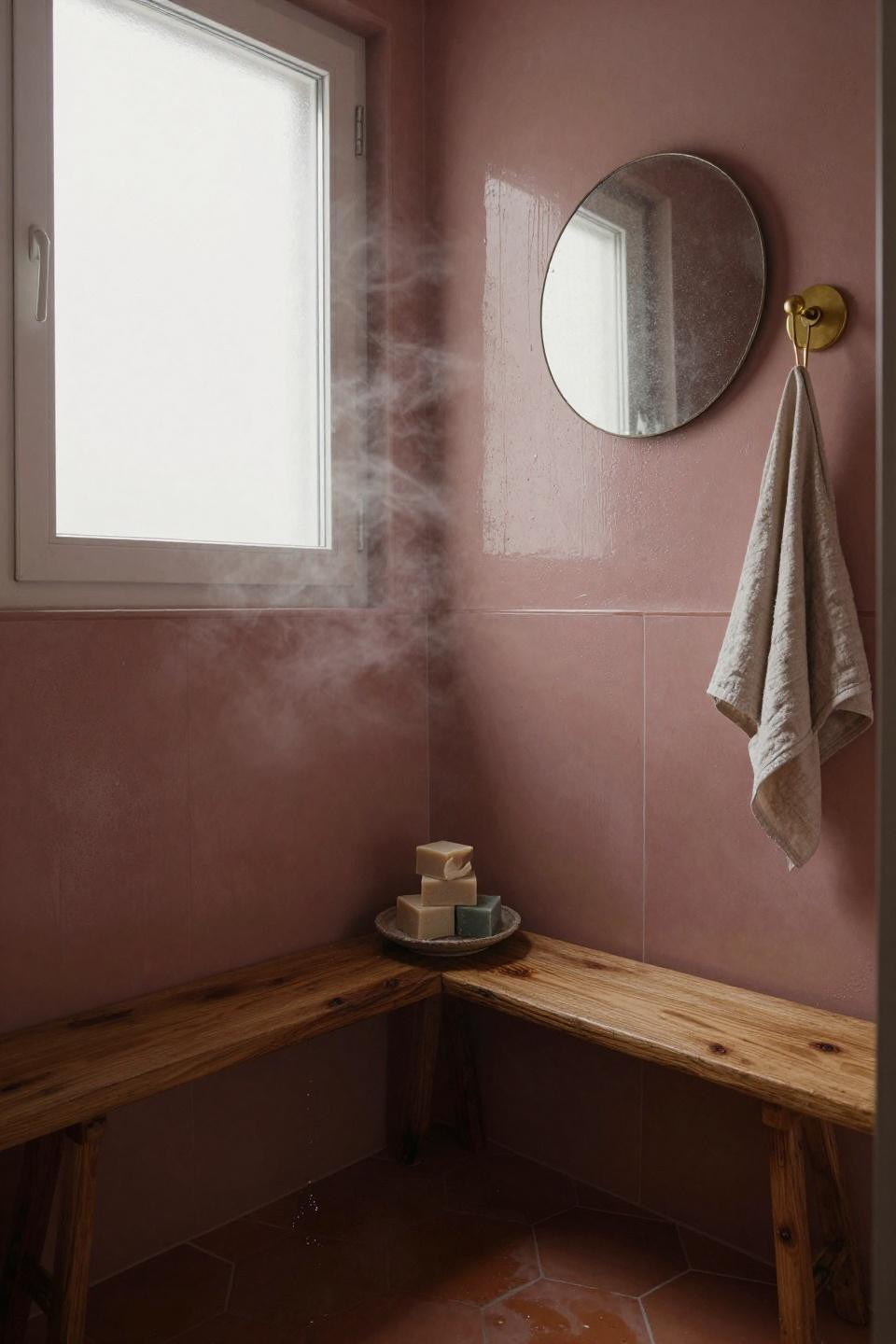 Pink bathroom corner shower with polished plaster walls