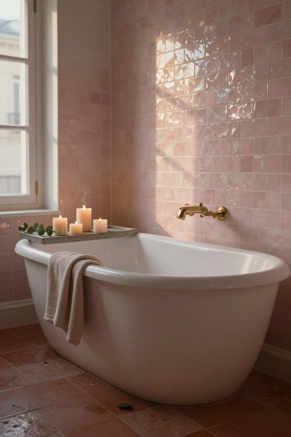 Pink bathroom with freestanding tub and zellige tile walls