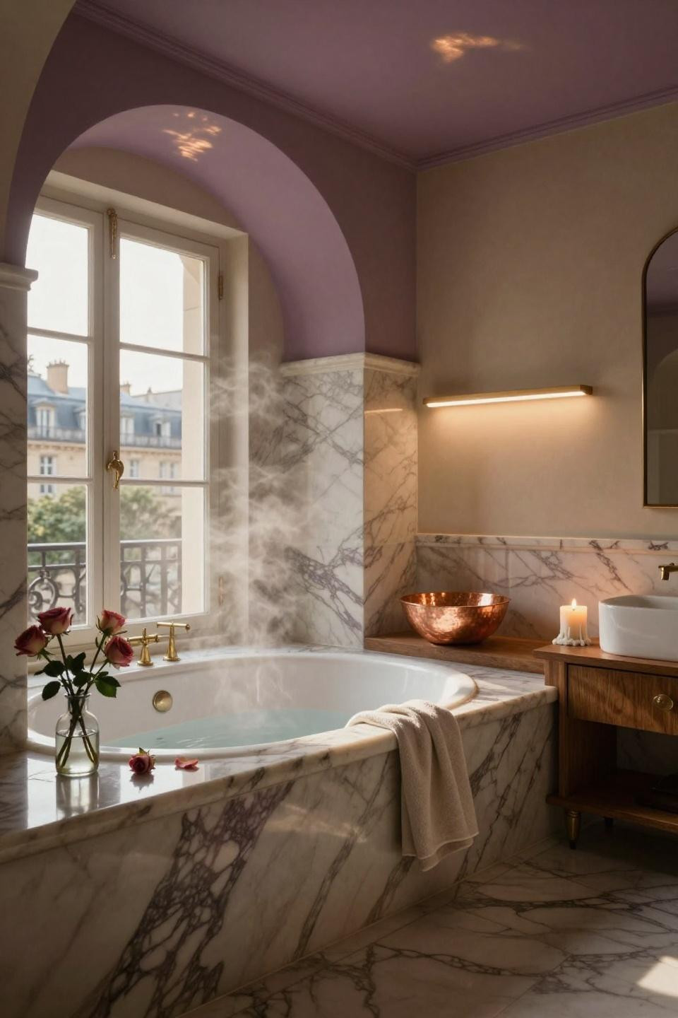 Pink bathroom with Calacatta Viola marble and arched tub