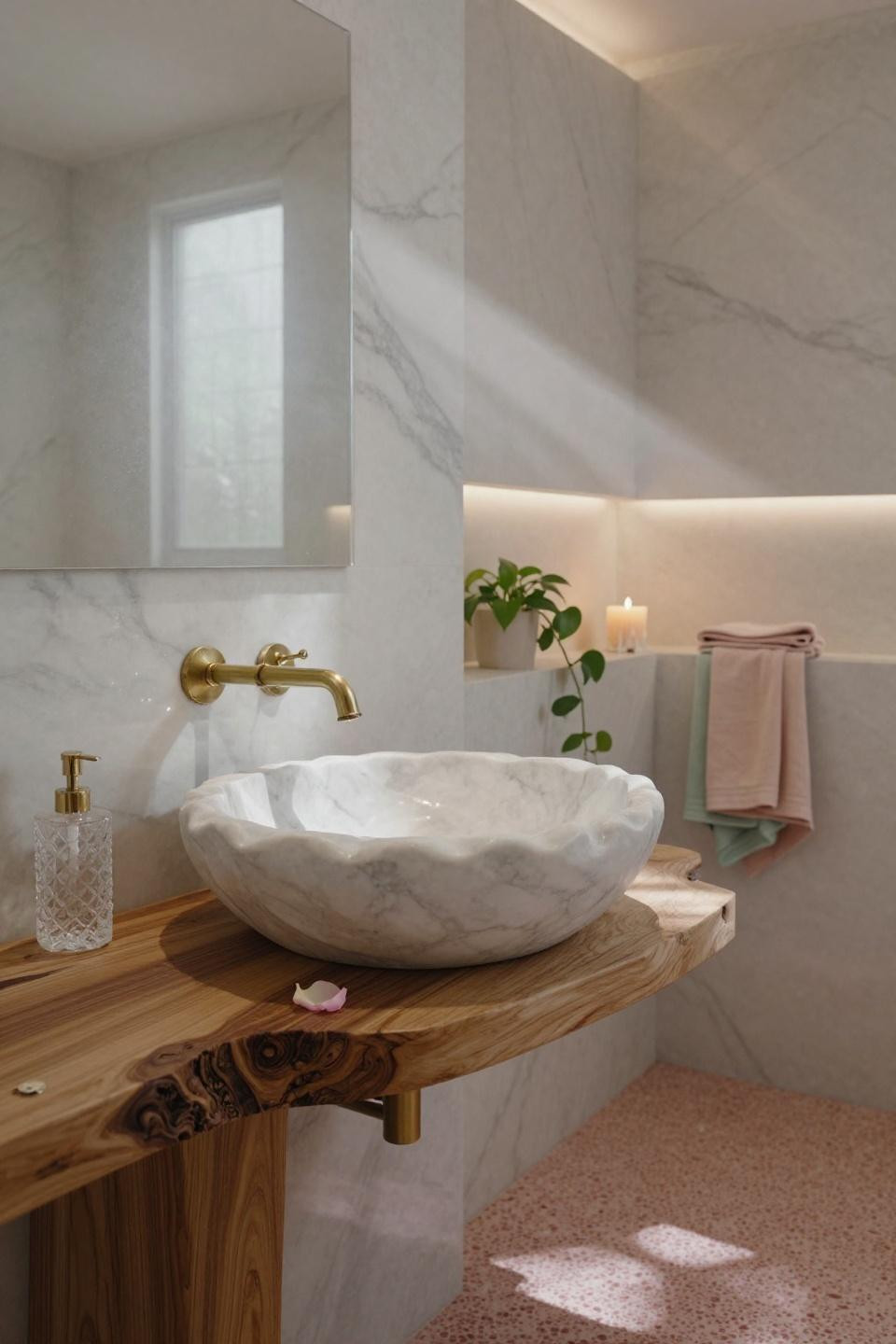 Pink bathroom with white stone basin and walnut counter