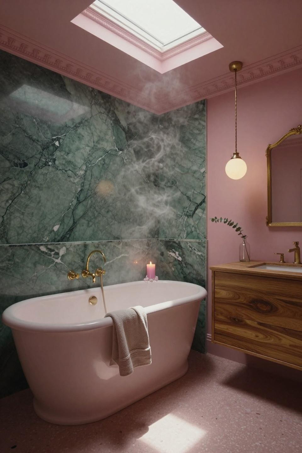 Pink bathroom with verde alpi marble wall and blush freestanding tub
