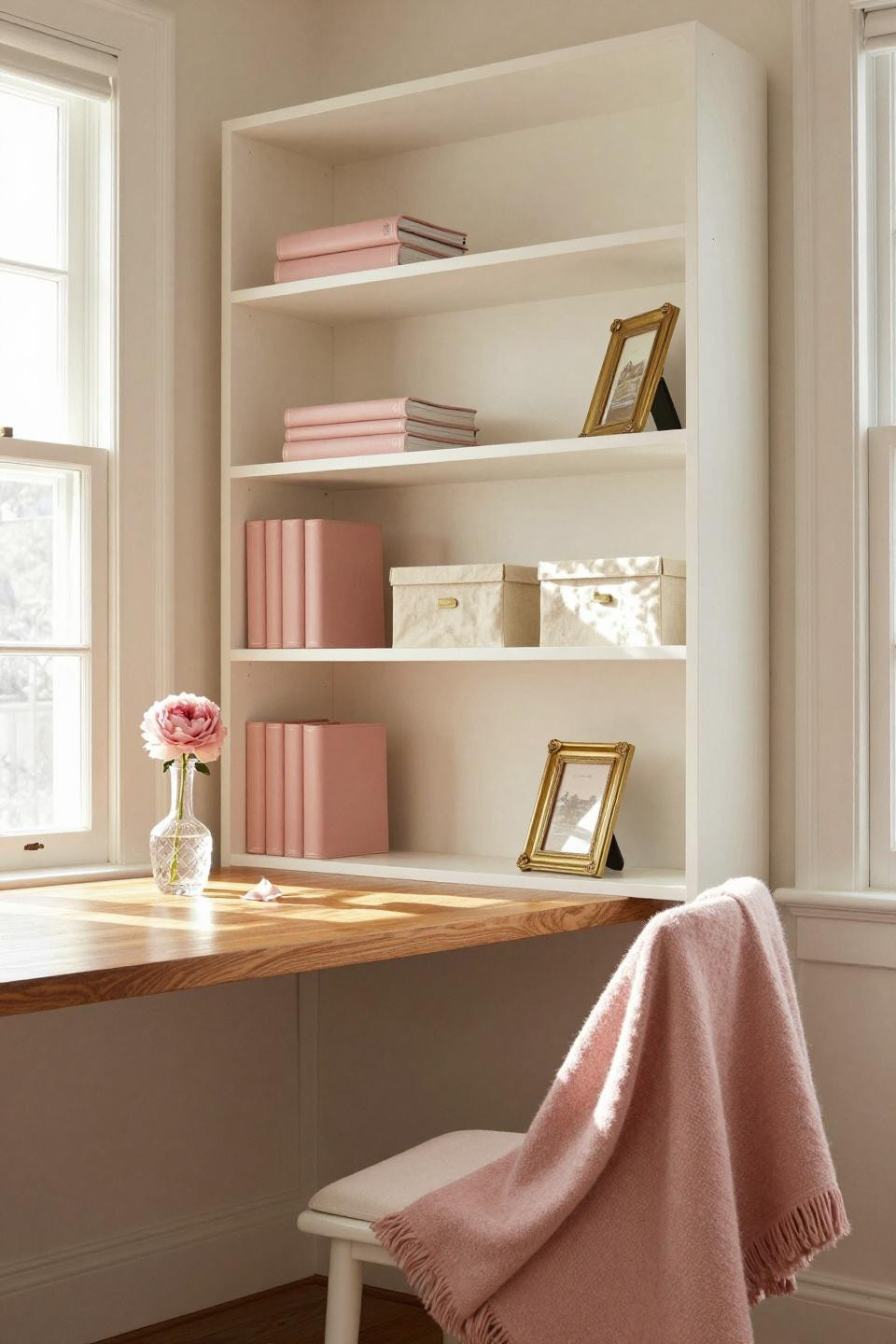 Pink Dorm Rooms - minimalist white shelving with blush accents