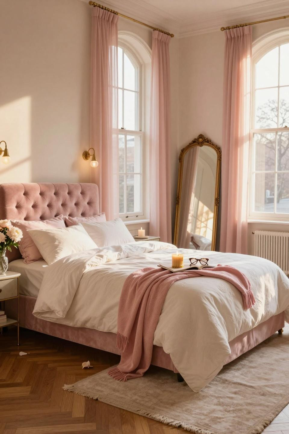 Pink Dorm Rooms - dusty rose with champagne metallic accents