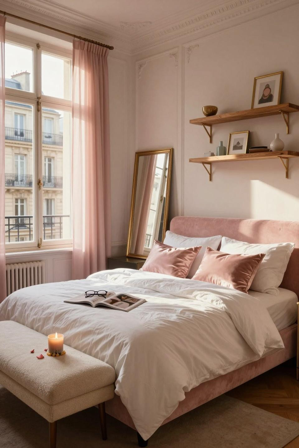 Pink Dorm Rooms - Parisian inspired space with tall windows