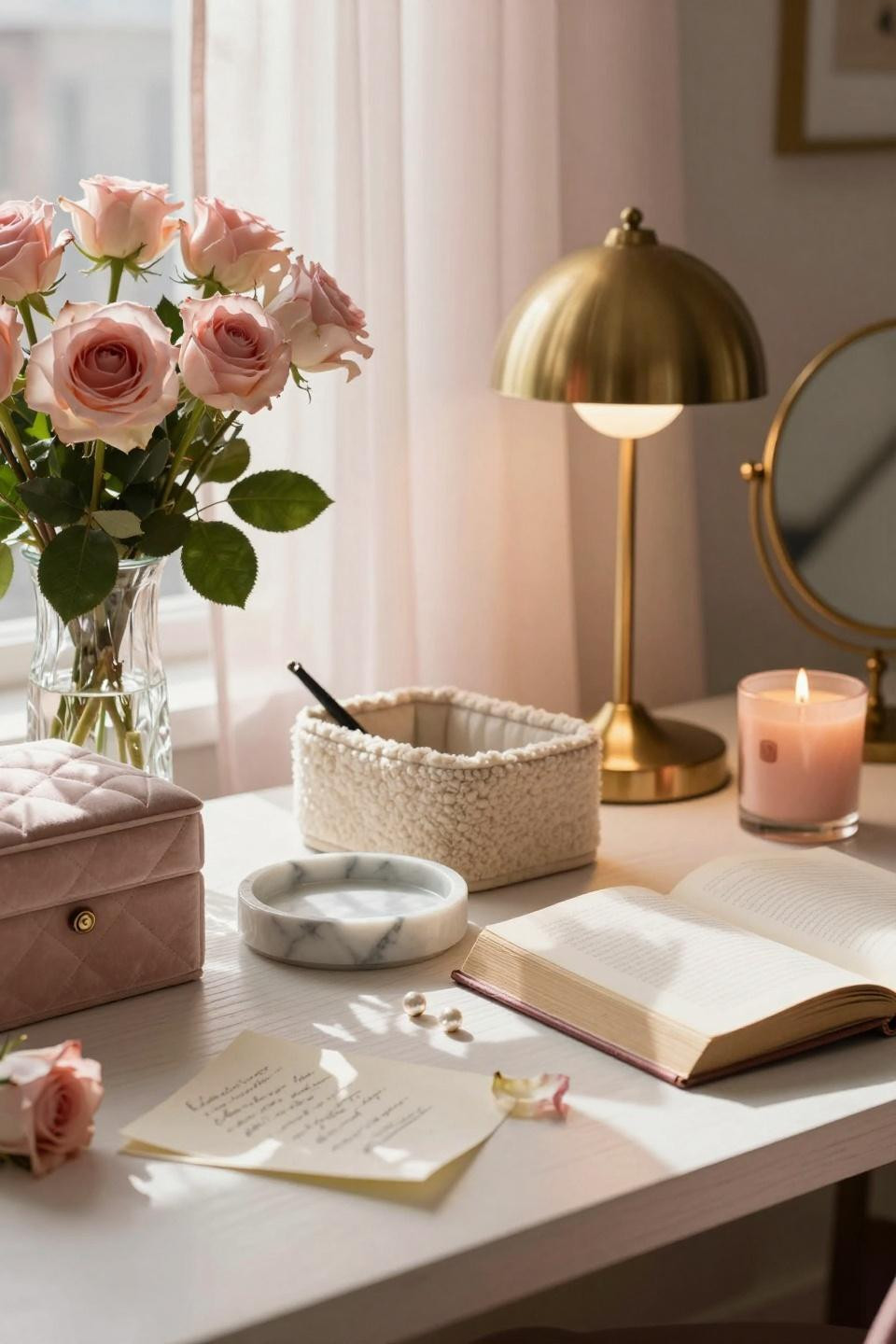 Pink Dorm Rooms - intimate vanity corner with rose gold details