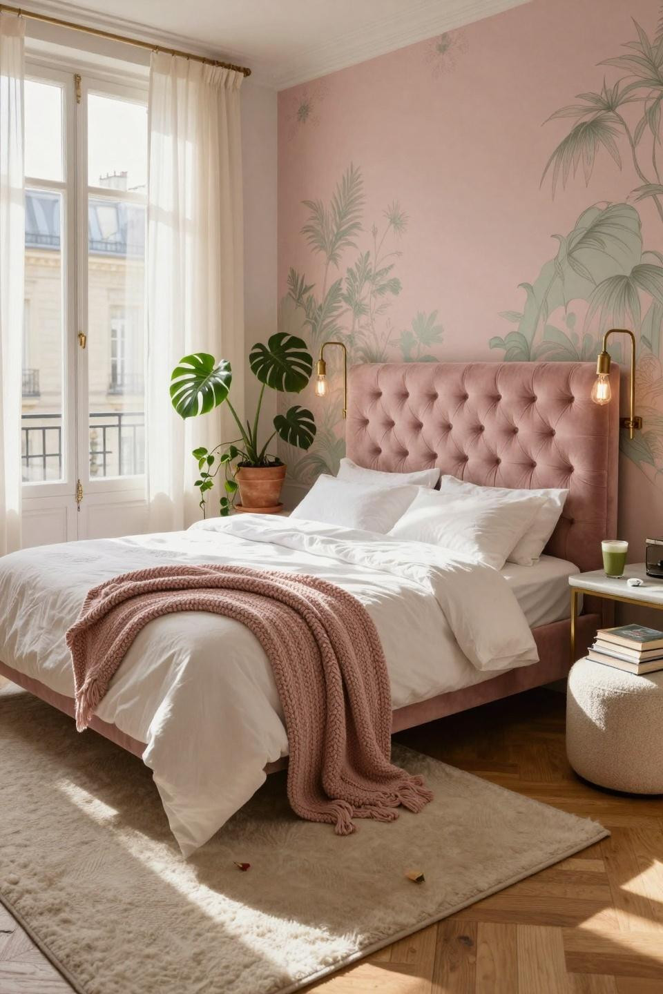 Pink Dorm Rooms - hand-painted chinoiserie accent wall