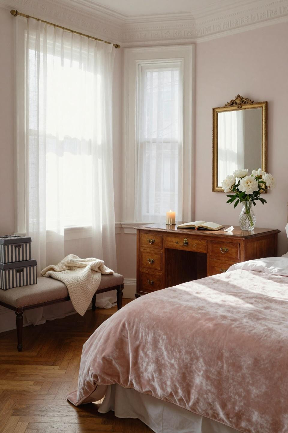 Pink Dorm Rooms - vintage French desk with brass details