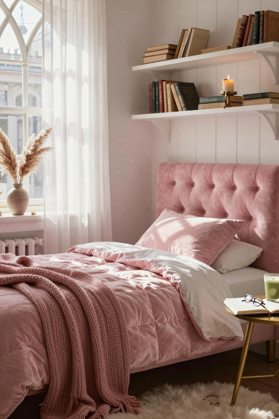 Pink Dorm Rooms - oversized boucle headboard with cozy textures