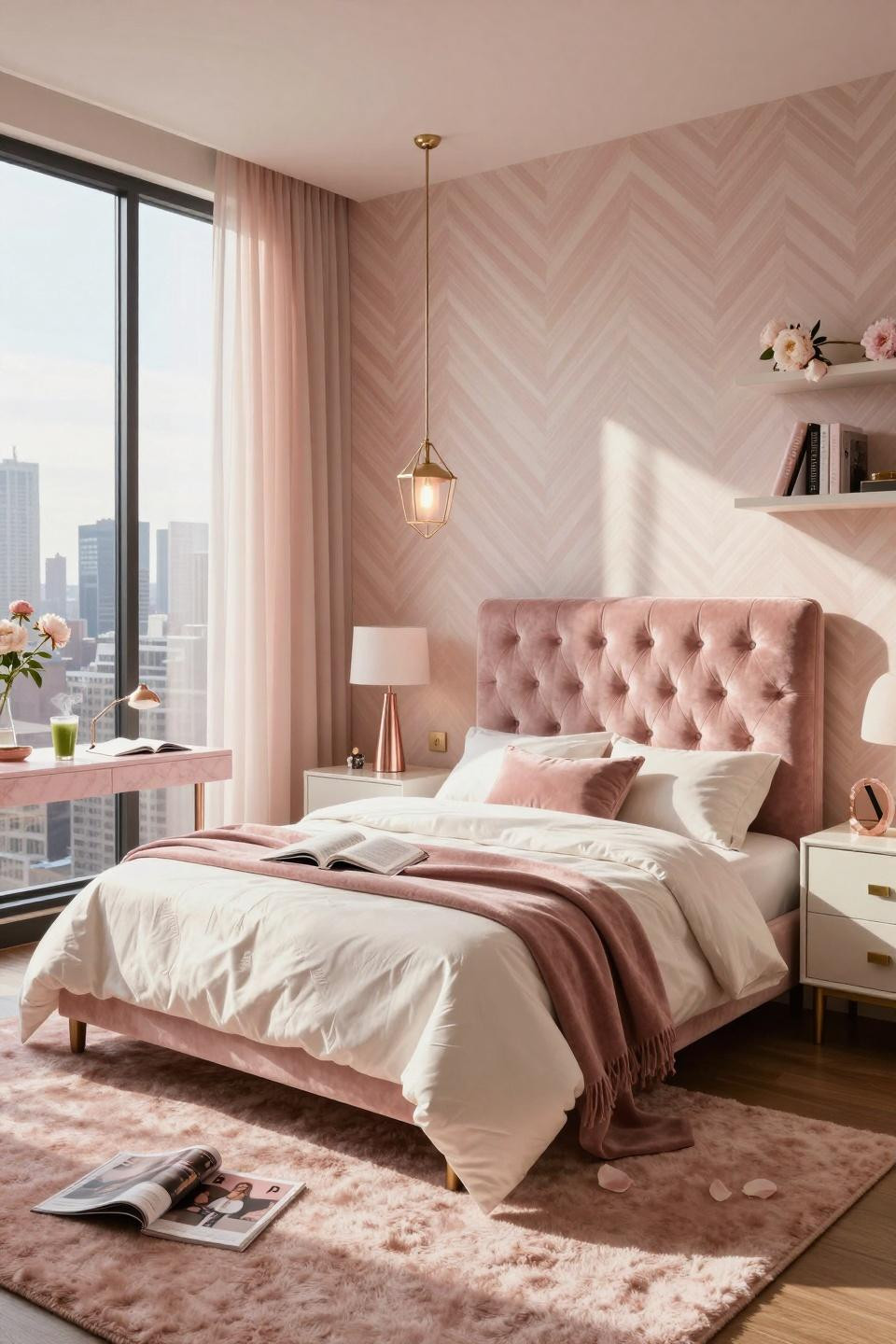 Pink Dorm Rooms - geometric brass lighting with pink marble desk