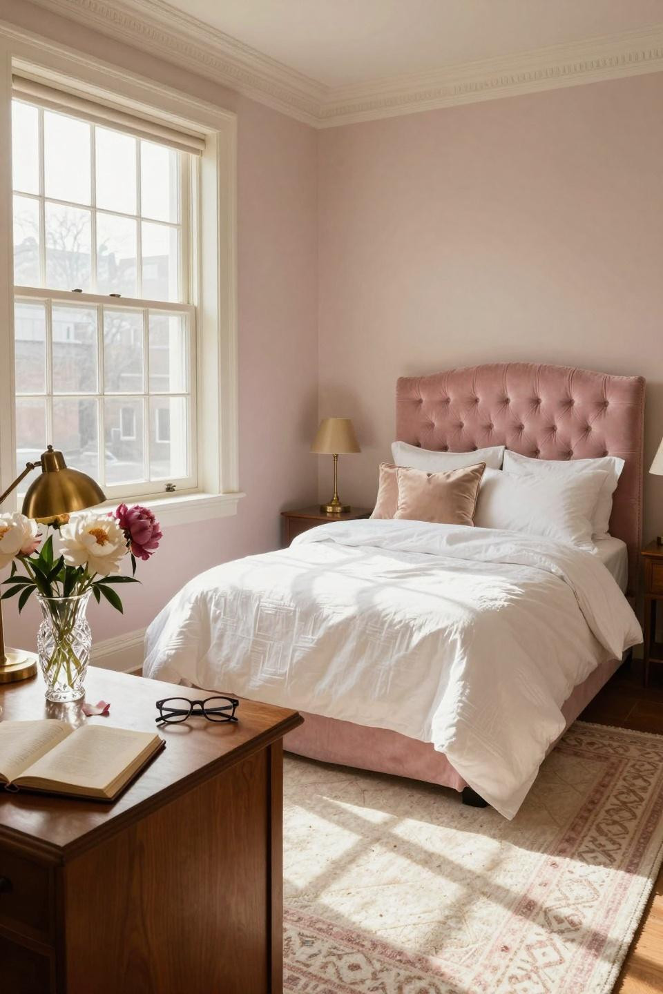 Pink Dorm Rooms - tufted headboard with cozy layered bedding