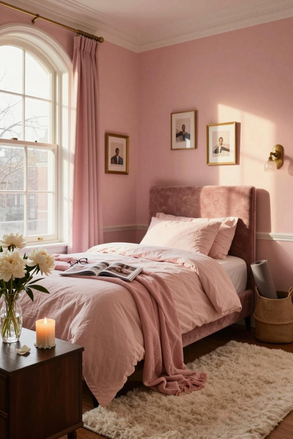 Pink Dorm Rooms - luxurious blush velvet bedroom with brass fixtures