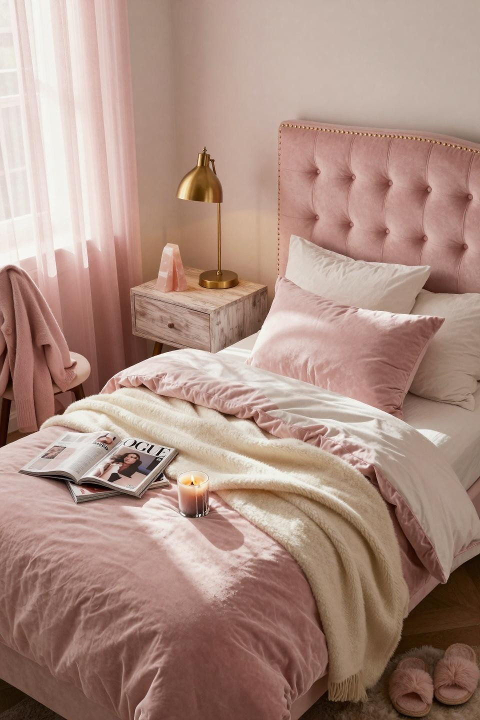 Pink Dorm Rooms - maximalist layered textures with brass details