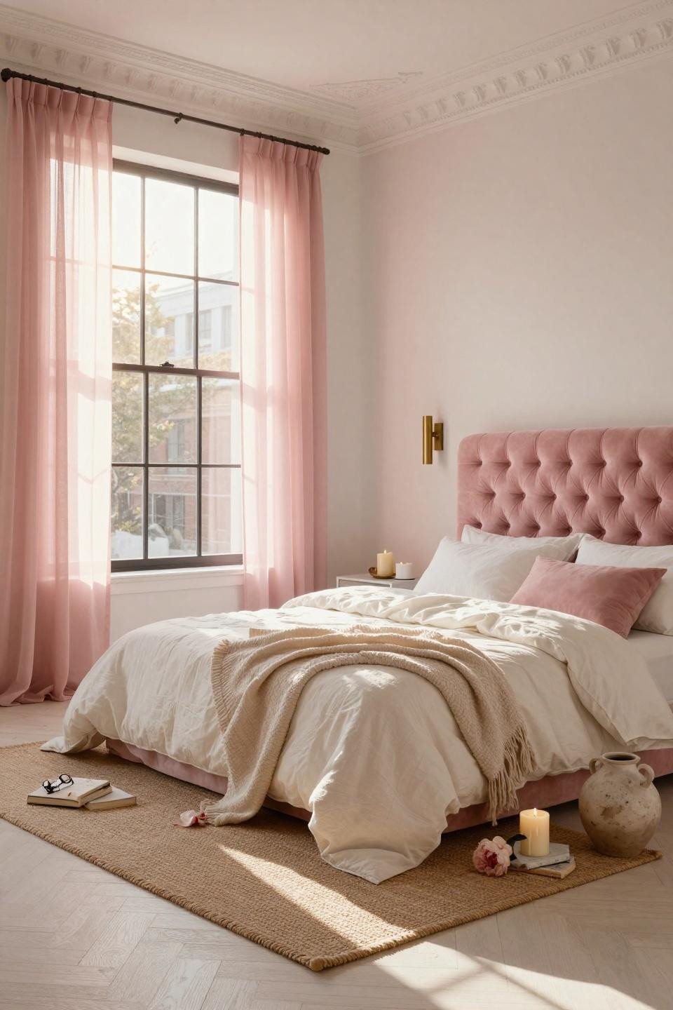 Pink Dorm Rooms - tall windows with powder pink palette
