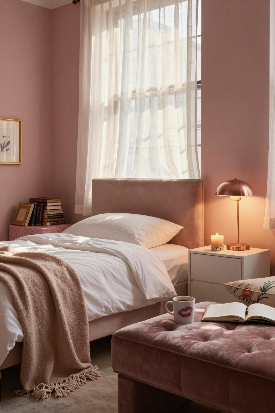 Pink Dorm Rooms - rose gold lighting with velvet upholstery