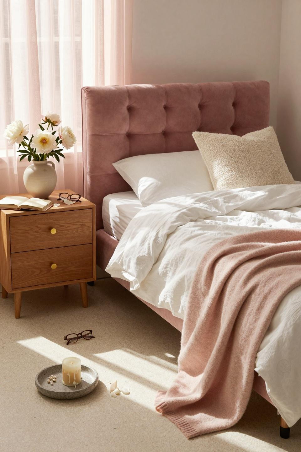 Pink Dorm Rooms - sculptural velvet headboard with stone details