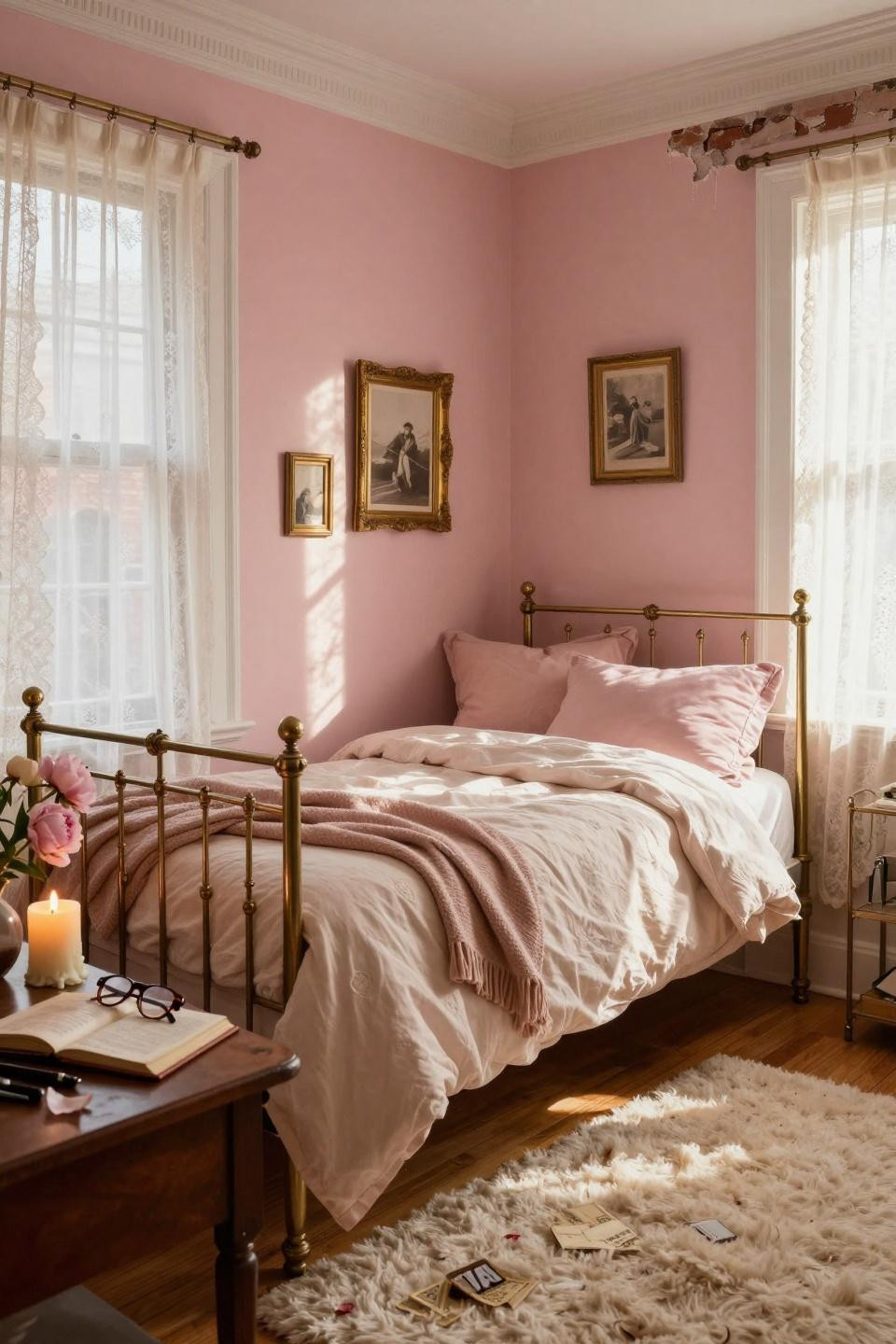 Pink Dorm Rooms - ornate brass daybed with exposed brick detail