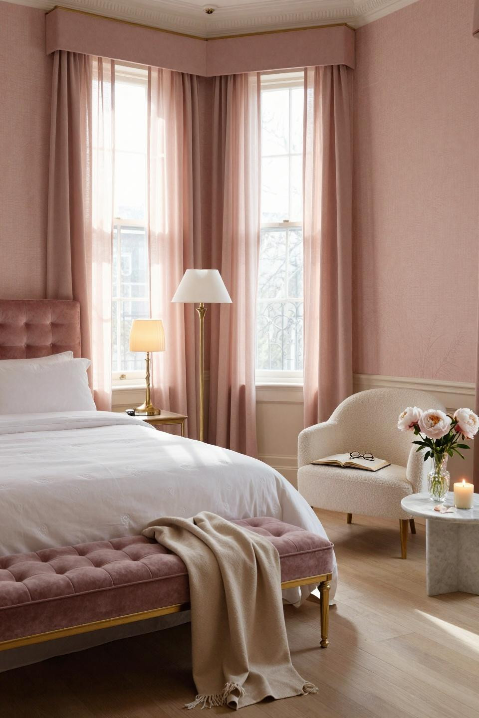 Pink Dorm Rooms - brass floor lamp with warm ambient lighting