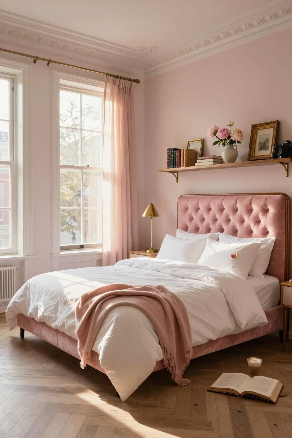 Pink Dorm Rooms - channel tufted pink headboard with wood floors