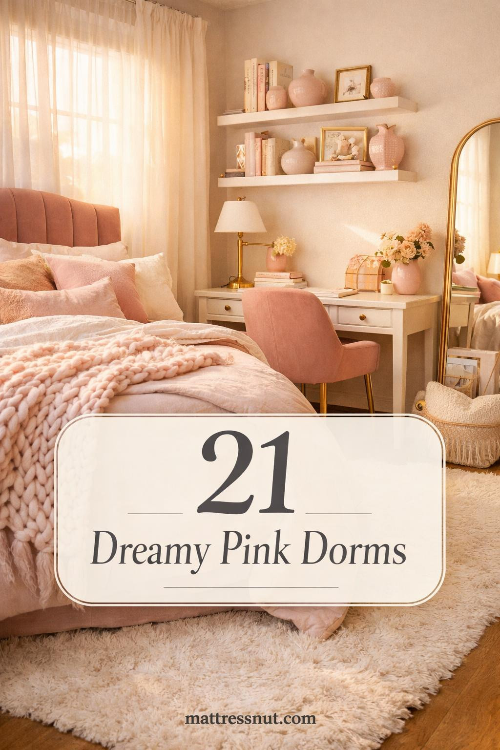 Soft pink dorm room featuring blush velvet bedding, rose gold accents, white furniture, and warm natural lighting