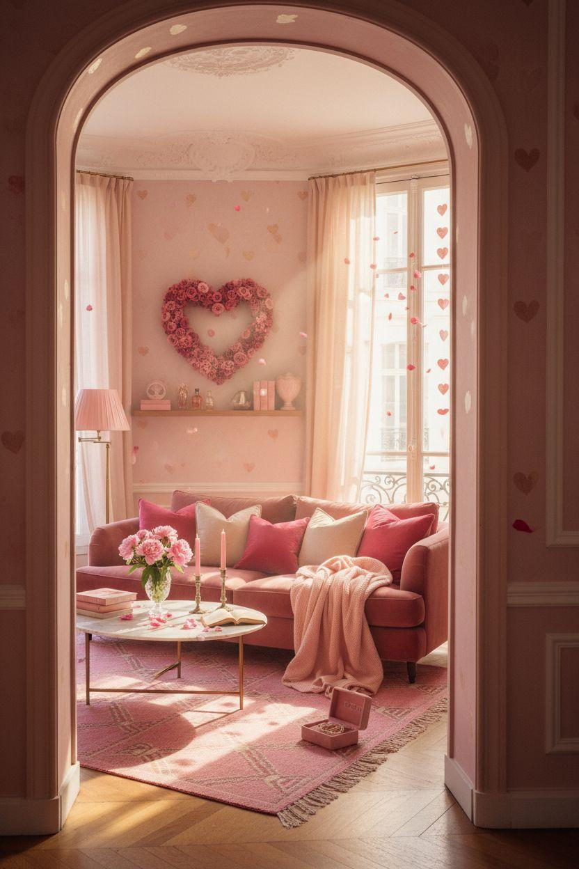 pink Valentine's decor - rose pink living room styled for romance