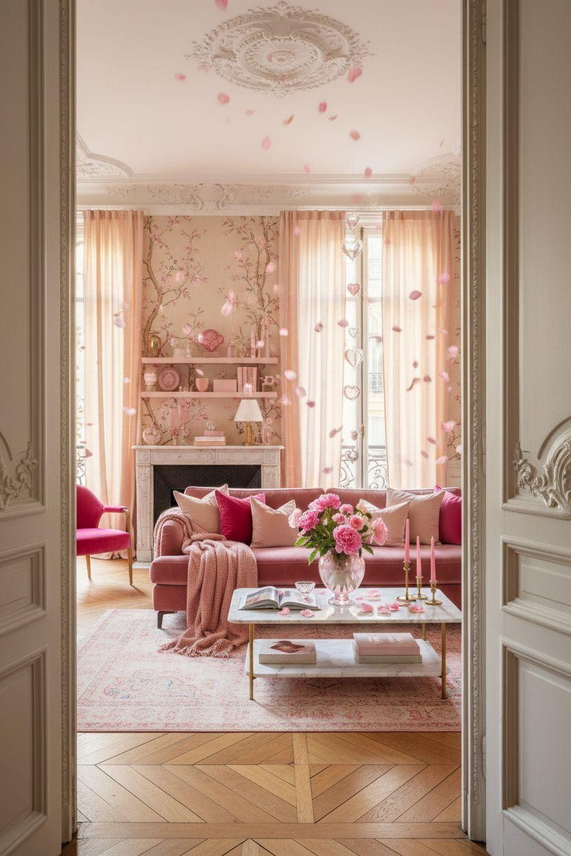 pink Valentine's decor - heart decorations and romantic living room styling