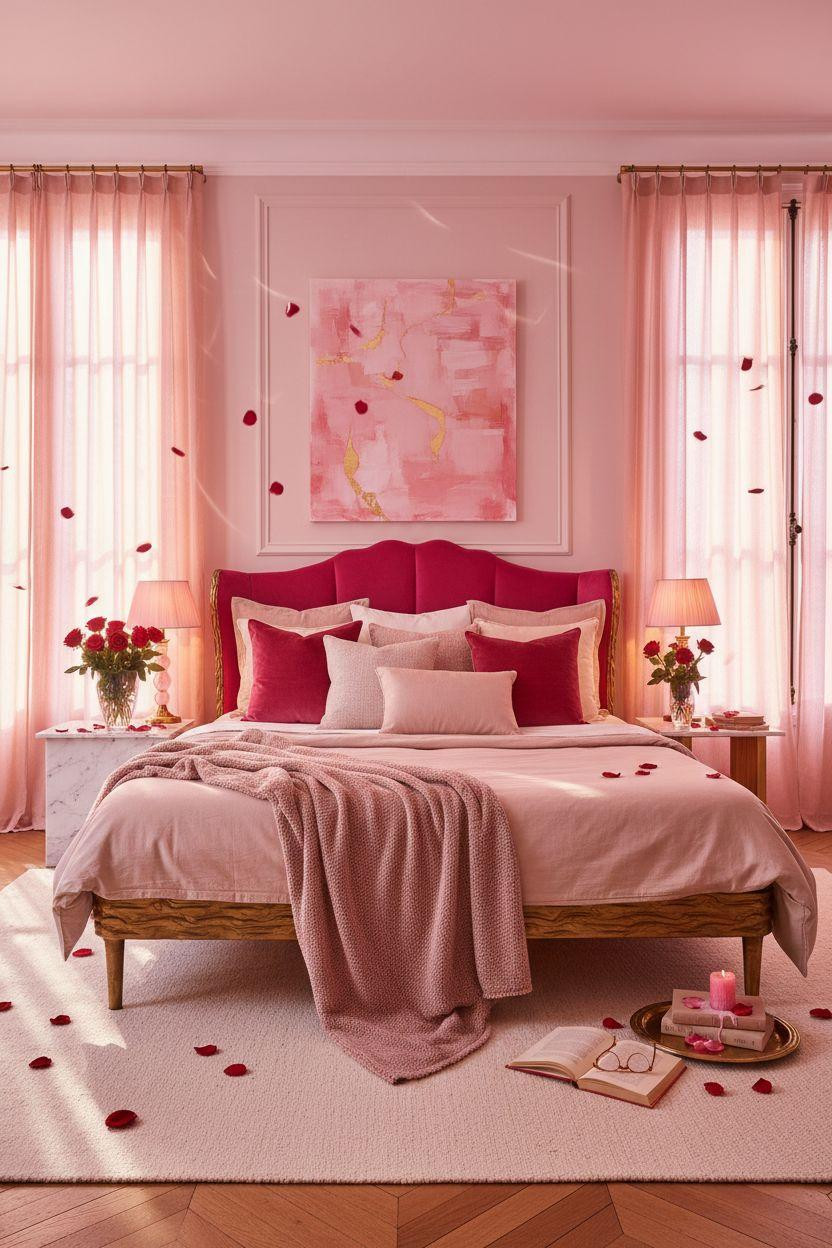 pink Valentine's decor - hot pink velvet living room with brass accents