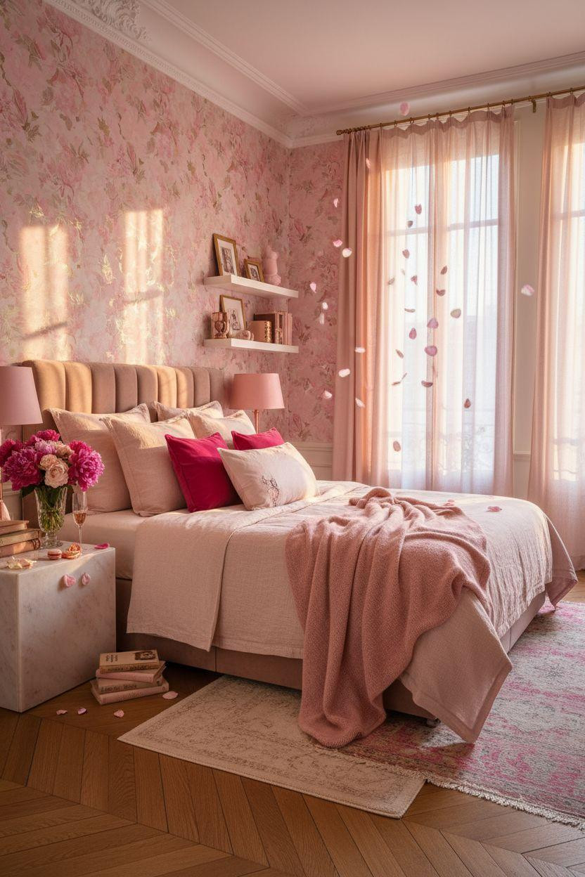 pink Valentine's decor - layered blush bedroom with romantic textures