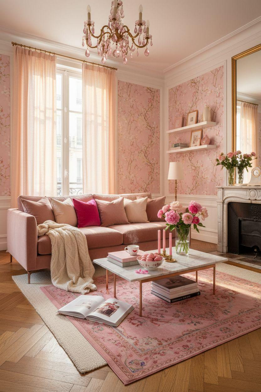 pink Valentine's decor - pastel living room with marble table and florals