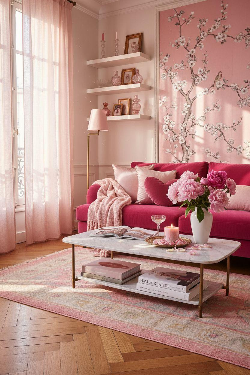 pink Valentine's decor - hot pink sofa with layered cushions and brass accents