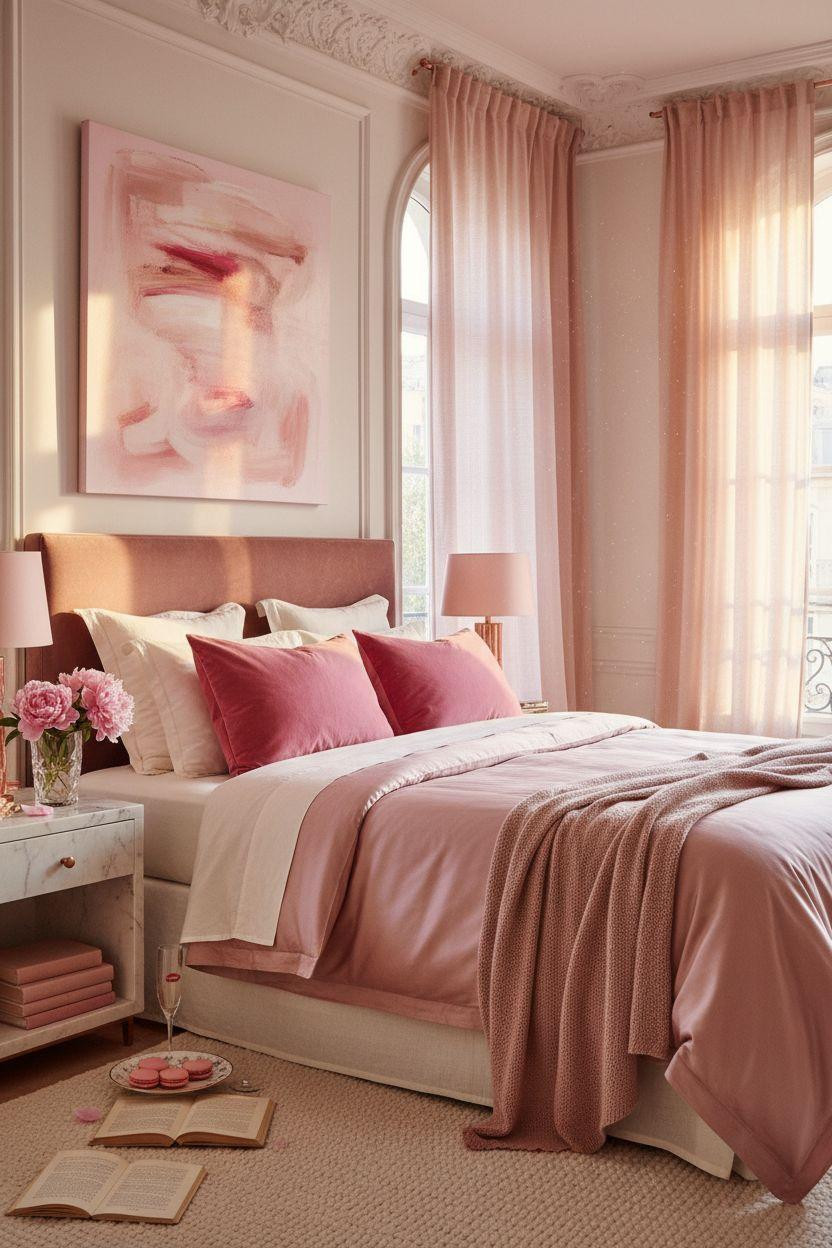 pink Valentine's decor - blush nightstand with peonies and candles