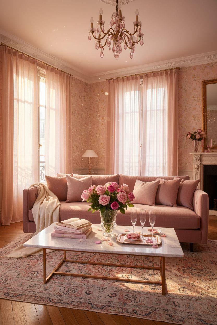 pink Valentine's decor - aesthetic living room with rose gold details