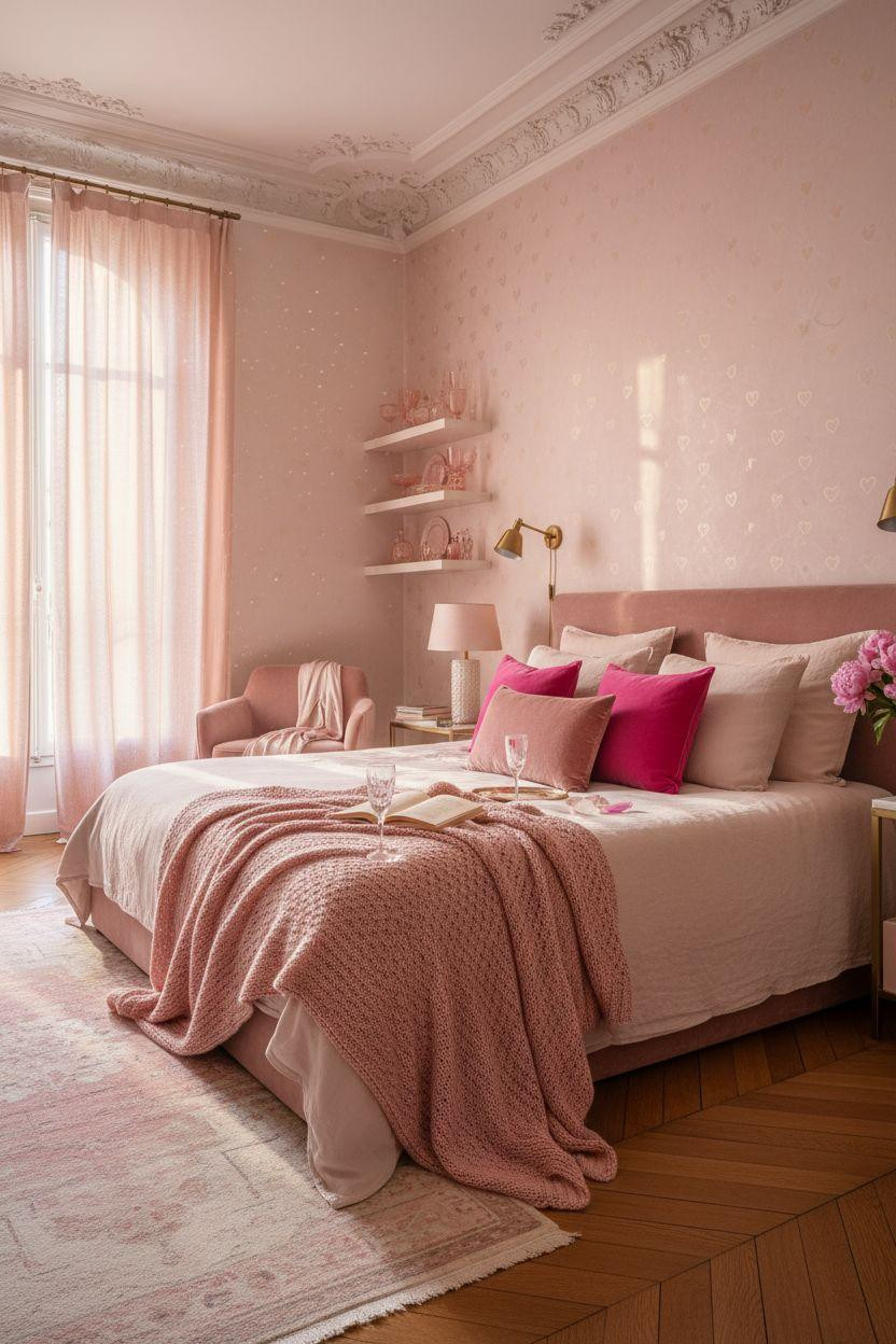 pink Valentine's decor - soft pink bedroom with brass and marble