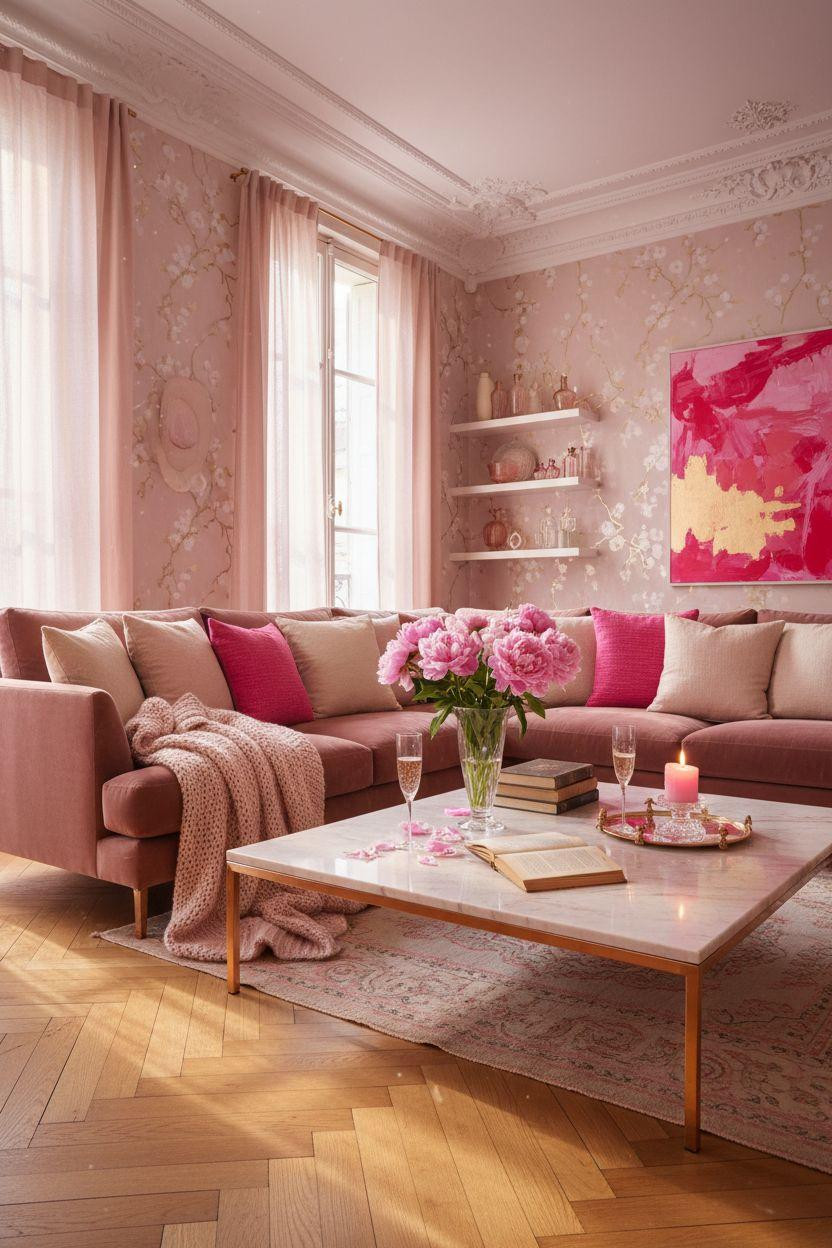 pink Valentine's decor - feminine living room with rose quartz table