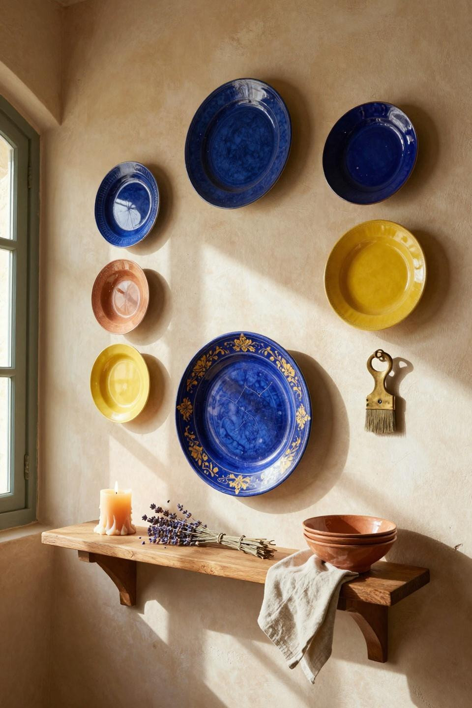 Plate wall decor with Quimper faience in cobalt and saffron