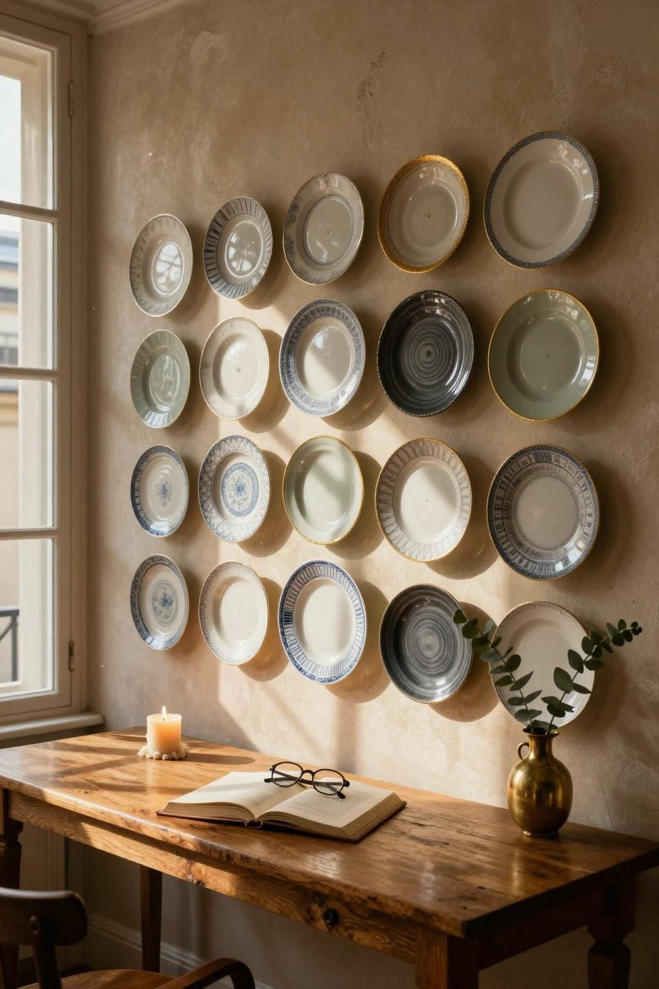 Plate wall decor with antique porcelain in geometric arrangement