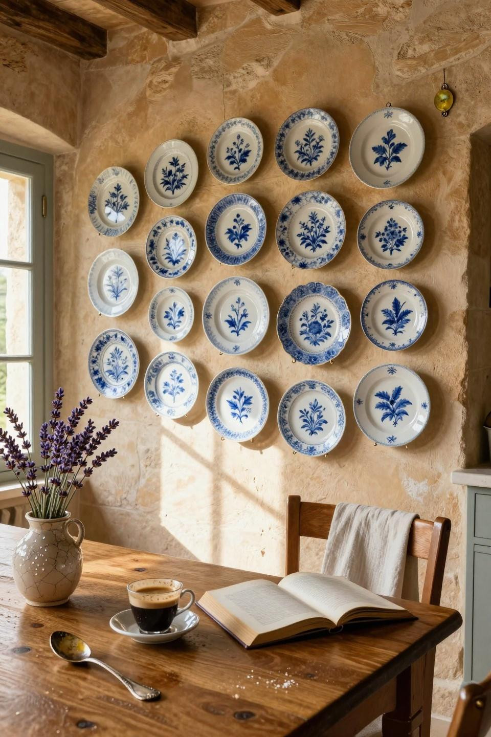 Plate wall decor with 18th-century French faience in graduated sizes