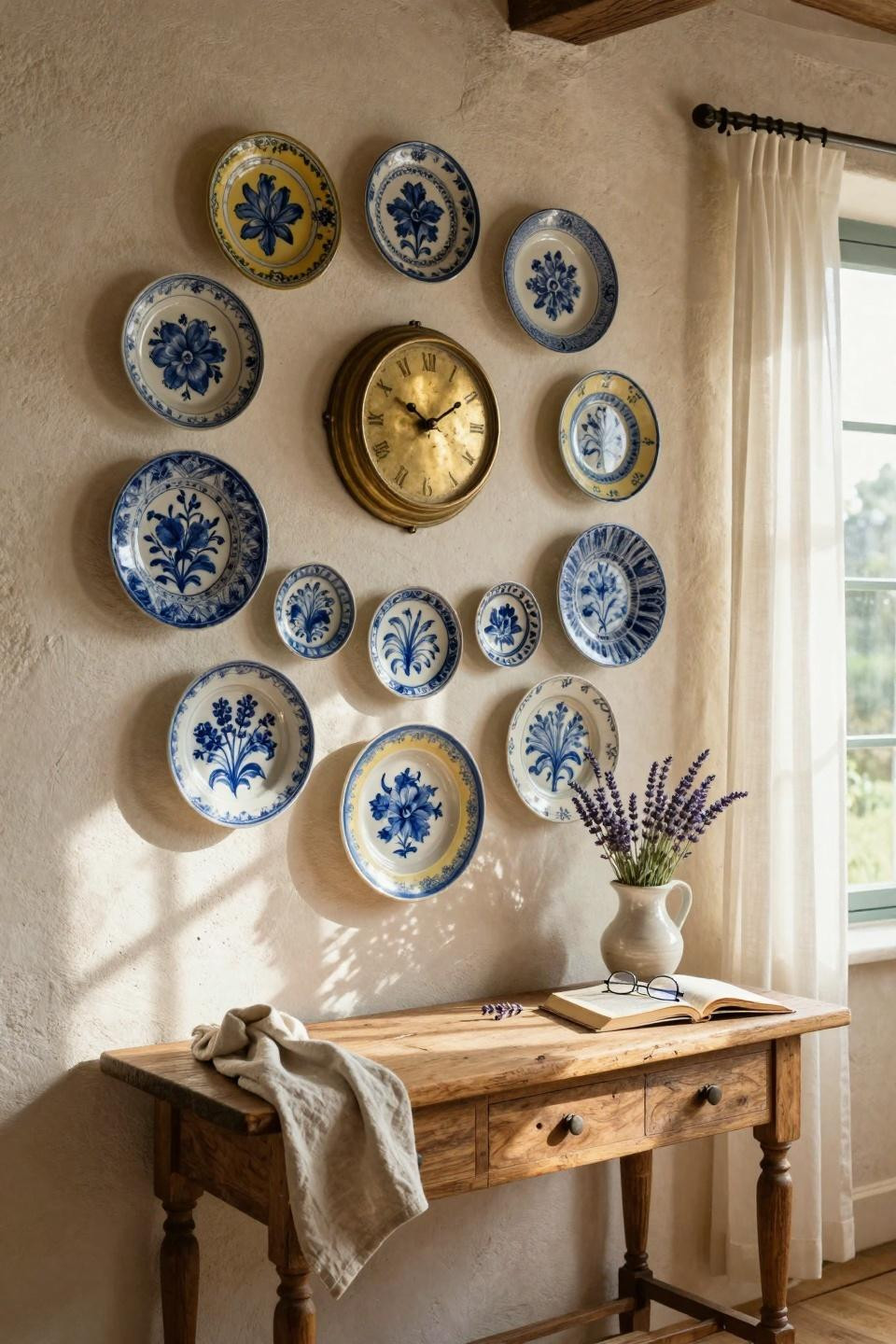 Plate wall decor with vintage French faience in organic arrangement