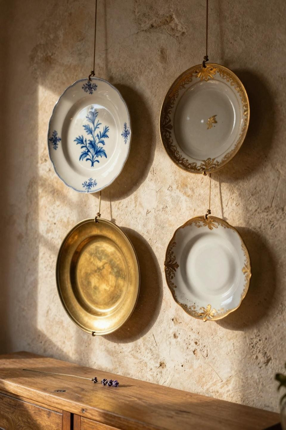 Plate wall decor with antique plates and dried lavender