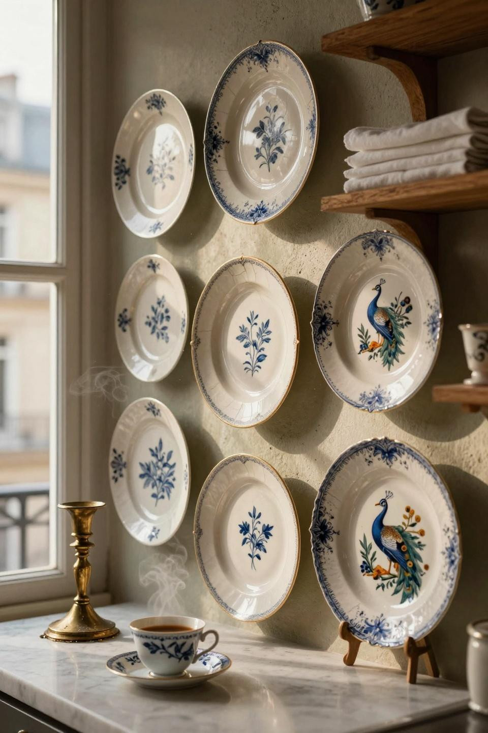 Plate wall decor featuring Rouen faience with hand-painted peacock