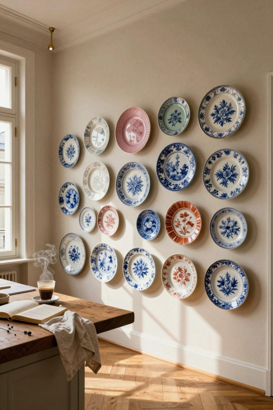 Plate wall decor in Parisian kitchen with antique porcelain
