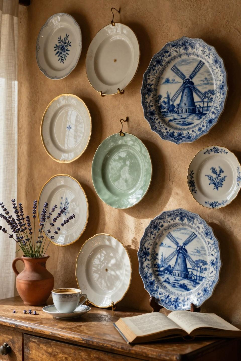 Plate wall decor with Limoges porcelain and majolica plates