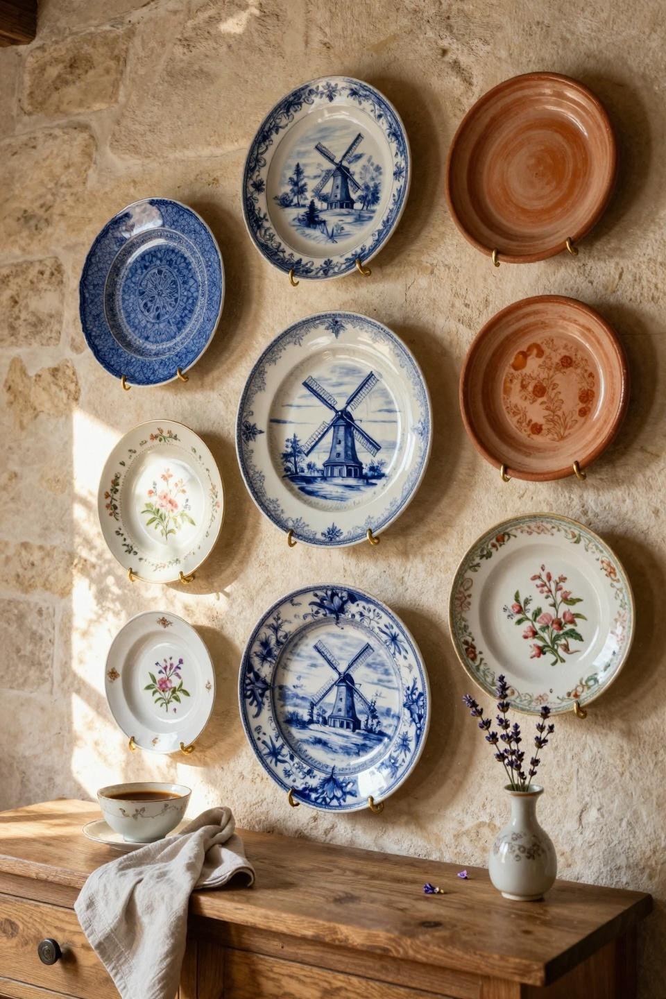 Plate wall decor featuring antique Delft and Limoges porcelain