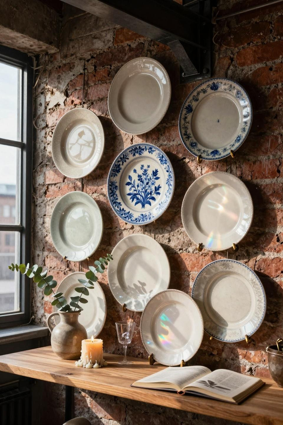 Plate wall decor featuring French faience against exposed brick