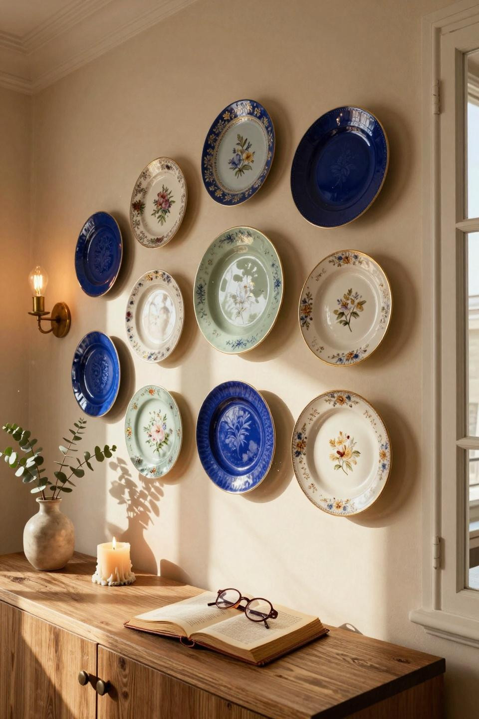 Plate wall decor with brass sconce and hand-painted plates