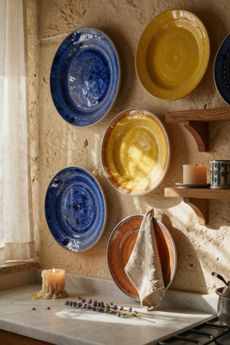 Plate wall decor with saturated cobalt and saffron ceramics