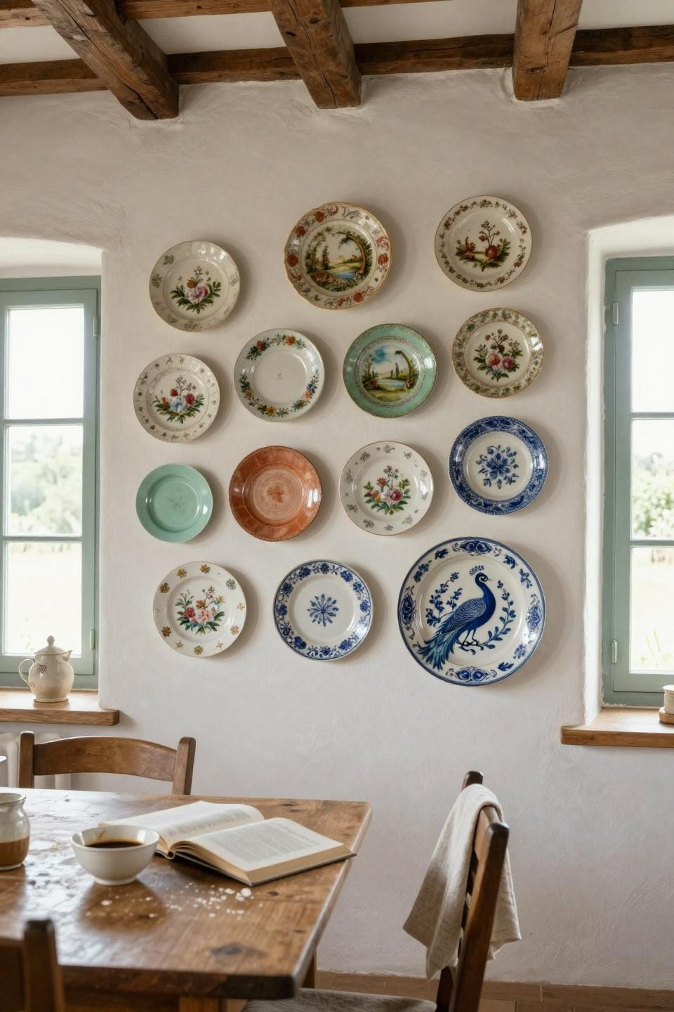 Plate wall decor with mismatched antique plates in French farmhouse