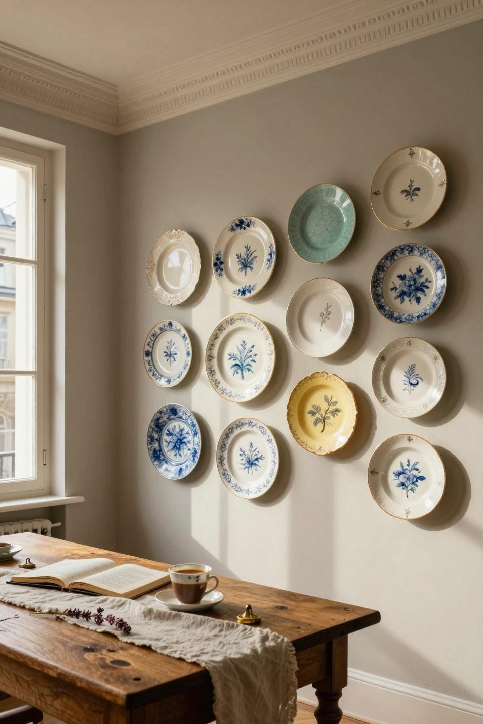 Plate wall decor with antique French faience and gold details