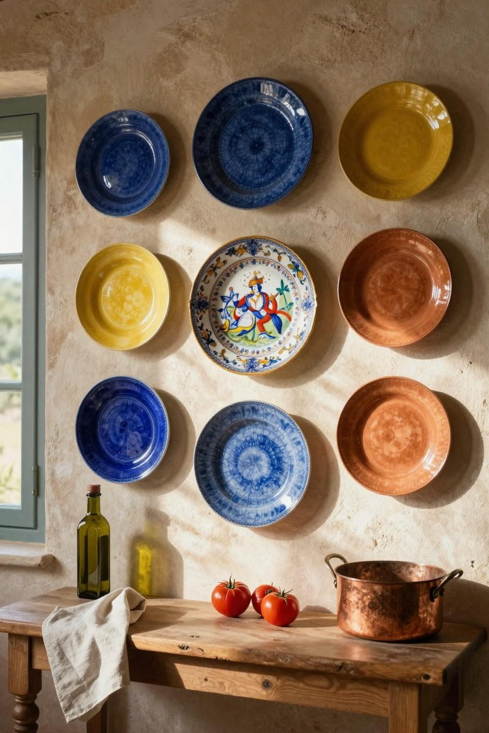 Plate wall decor with French Majolica in Provençal kitchen