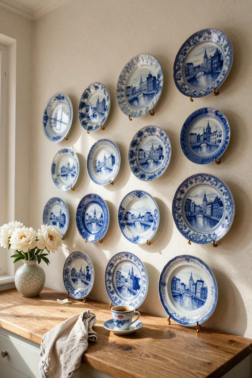 Plate wall decor featuring 18th-century Delft blue plates